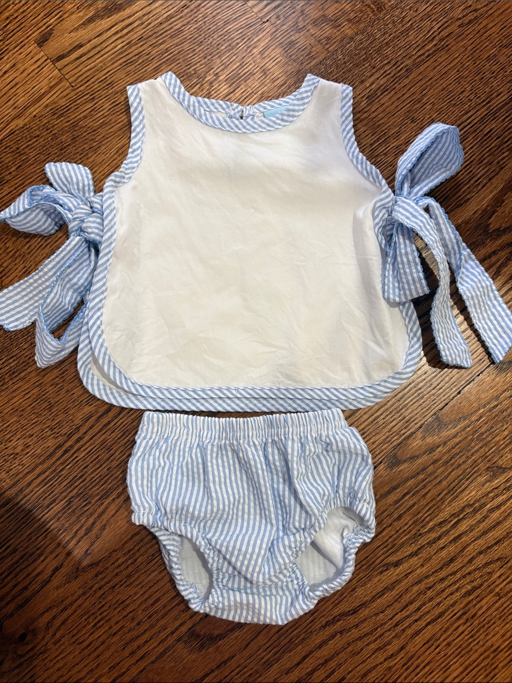 Classic White & Light Blue Striped Baby Set - Sleeveless Top & Bloomers